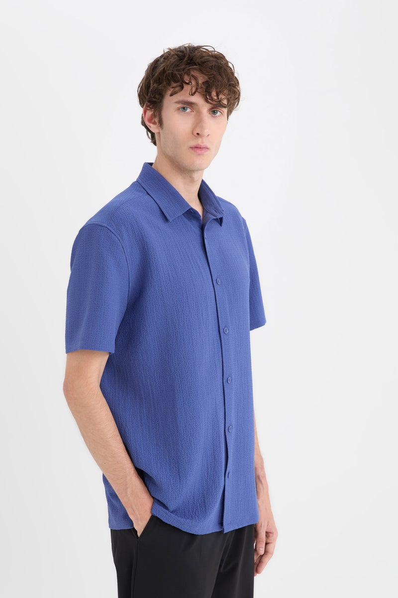 DeFacto Purple Man Regular Fit Polo Collar Crinkle Short Sleeve Shirt Casual - Image 3